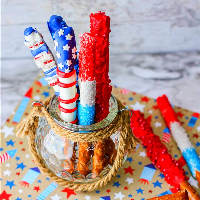 chocolate dipped patriotic pretzel rods