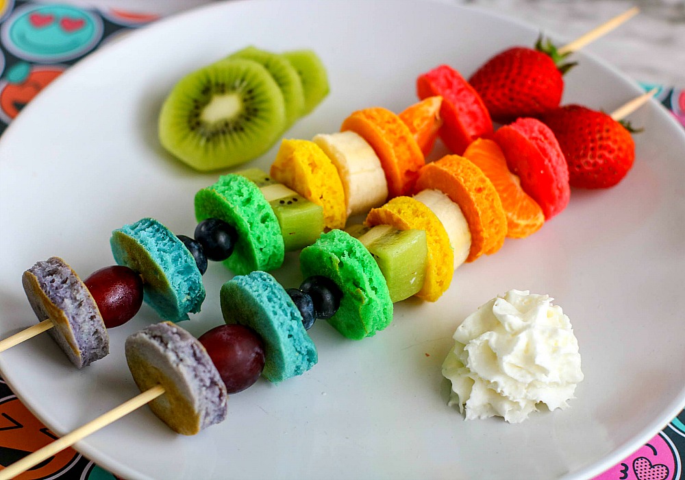 rainbow pancake fruit skewers