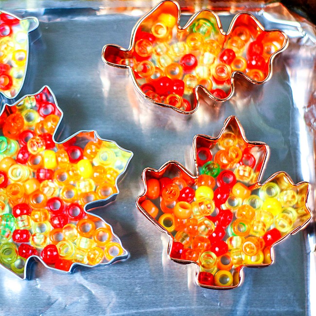 Melted Beads Leaf Suncatchers craft for kids