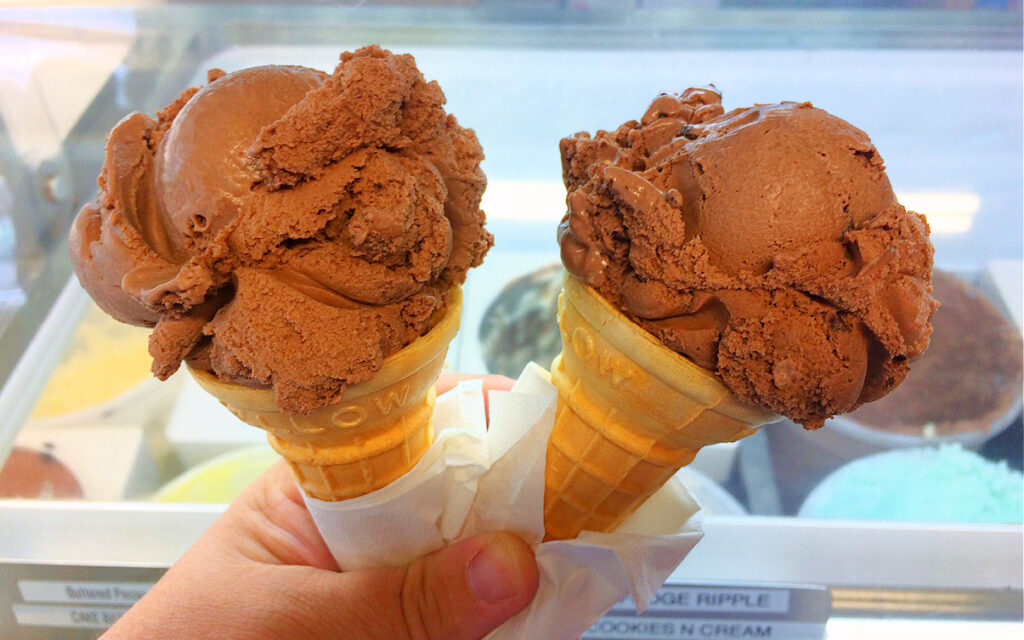 two scoops of chocolate ice cream