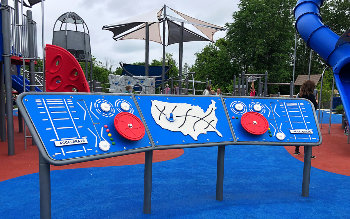 Activity panel in space themed area of blandair regional park north playground